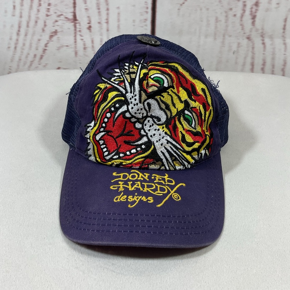 Don Ed Hardy Vintage‎ Trucker Hat Tiger Head Purple Mesh Snapback Tattoo Art Y2K